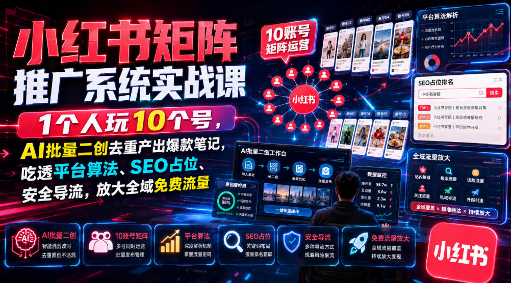 小红书矩阵推广系统实战课｜1个人玩10个号，AI批量二创去重产出爆款笔记，吃透平台算法、SEO占位、安全导流，放大全域免费流量-易创网