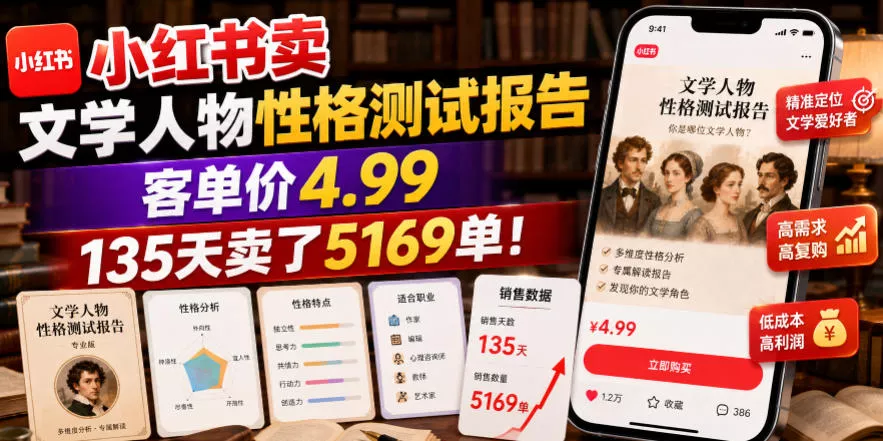 小红书卖文学人物性格测试报告，客单价4.99，135天卖了5169单！-易创网
