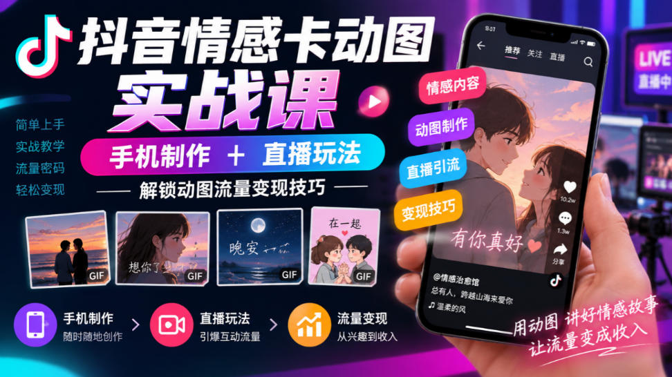 抖音情感卡动图实战课｜手机制作+直播玩法，解锁动图流量变现技巧-易创网