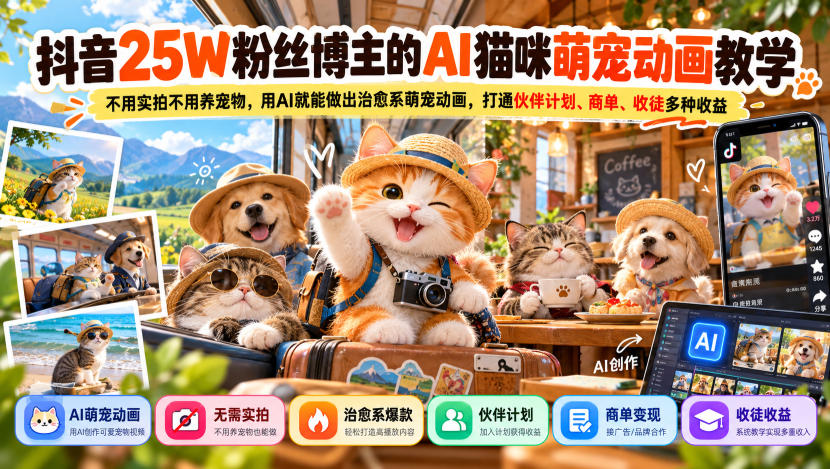抖音25W粉丝博主的AI猫咪萌宠动画教学，不用实拍不用养宠物，用AI就能做出治愈系萌宠动画，打通伙伴计划、商单、收徒多种收益-易创网
