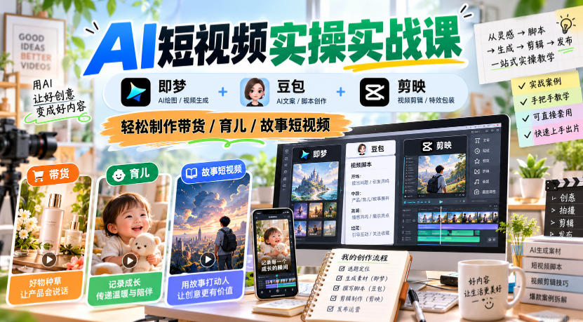 AI短视频实操实战课，即梦+豆包+剪映，轻松制作带货/育儿/故事短视频-易创网