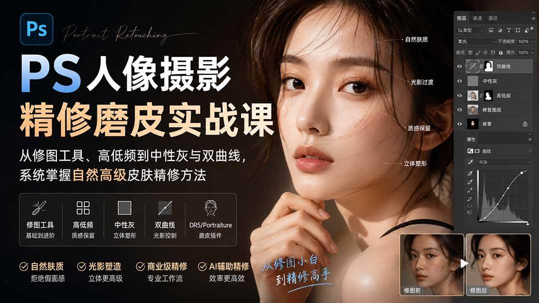 （20061期）PS人像摄影精修磨皮实战课：从修图工具、高低频到中性灰与双曲线，系统掌握自然高级皮肤精修方法-易创网