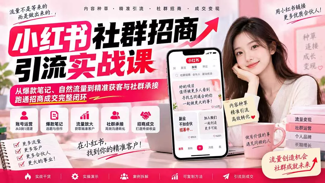 小红书社群招商引流实战课-无水印：从爆款笔记、自然流量到精准获客与社群承接，跑通招商成交完整闭环-易创网