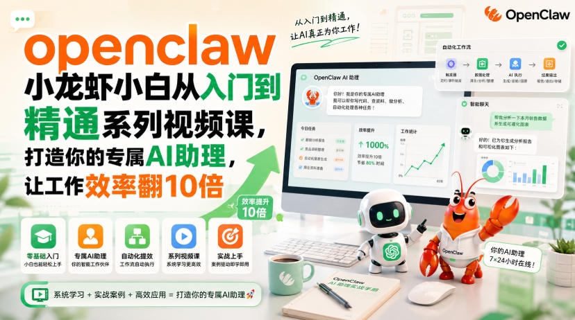 openclaw小龙虾小白从入门到精通系列视频课，打造你的专属AI助理，让工作效率翻10倍-易创网