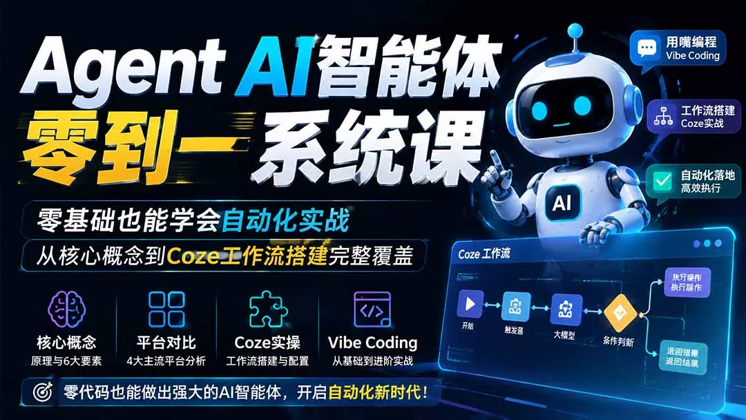 Agent AI智能体零到一系统课；零基础也能学会自动化实战，从核心概念到Coze工作流搭建完整覆盖-易创网