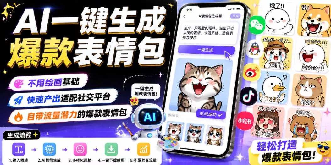AI一键生成爆款表情包，不用绘画基础，快速产出适配社交平台，自带流量潜力的爆款表情包-易创网