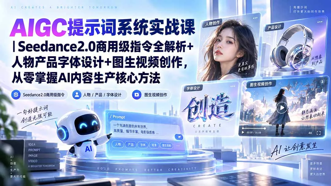 AIGC提示词系统实战课-无水印｜Seedance2.0商用级指令全解析+人物产品字体设计+图生视频创作，掌握AI内容生产方法-易创网