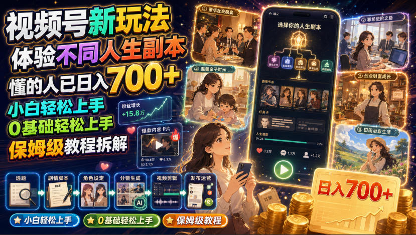 视频号新玩法体验不同人生副本，懂的人已日入700+，小白轻松上手，0基础轻松上手，保姆级教程拆解-易创网
