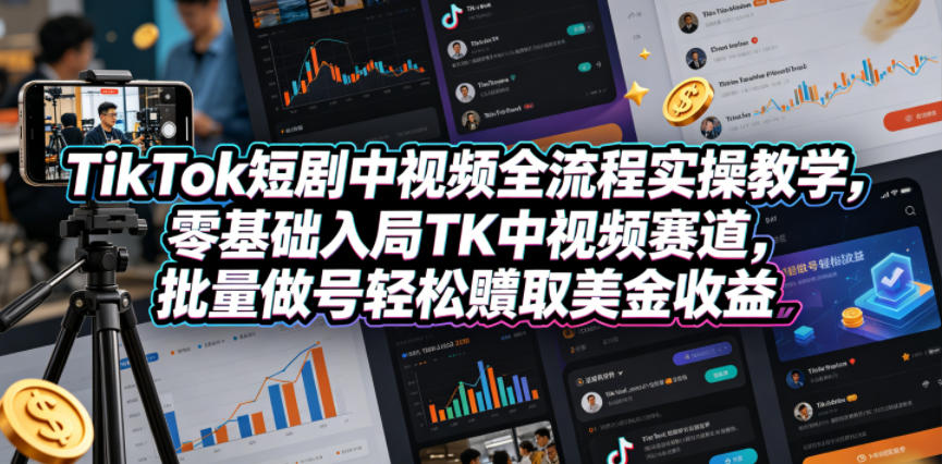 TikTok短剧中视频全流程实操教学，零基础入局TK中视频赛道，批量做号轻松賺取美金收益-易创网