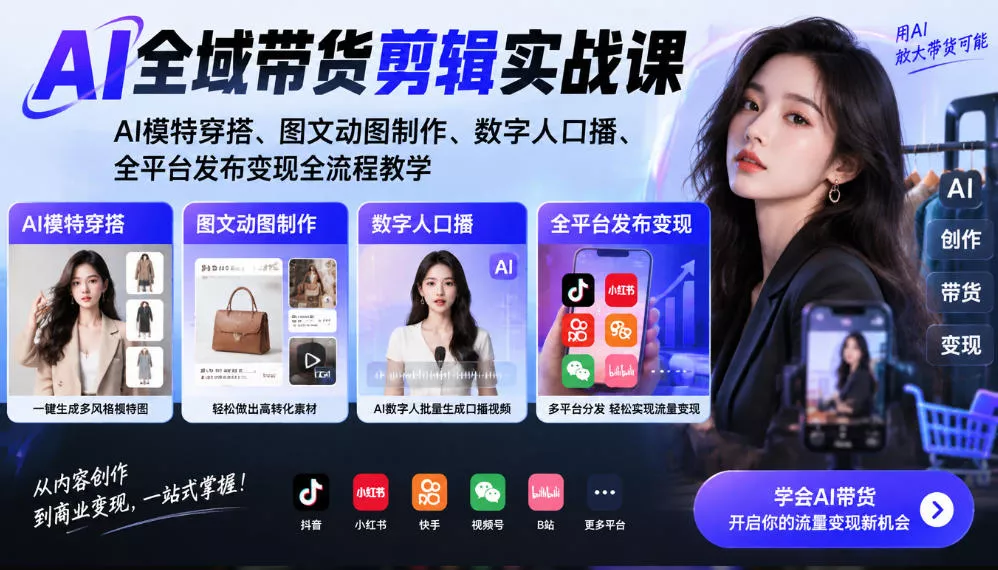 AI全域带货剪辑实战课｜AI模特穿搭、图文动图制作、数字人口播、全平台发布变现全流程教学-易创网