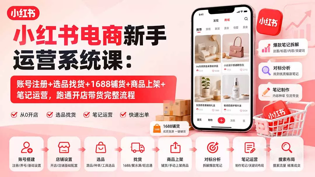 小红书电商新手运营系统课：账号注册+选品找货+1688铺货+商品上架+笔记运营，跑通开店带货完整流程-易创网