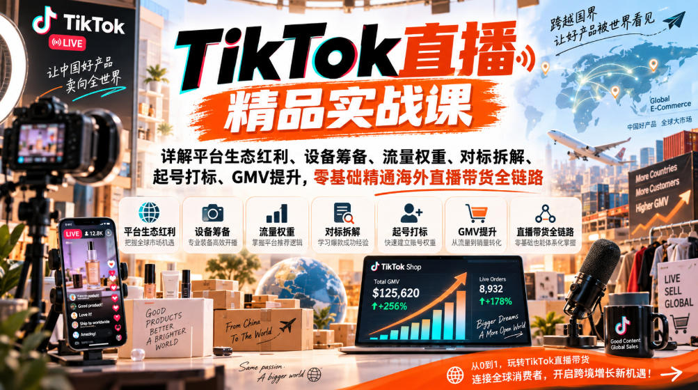 TikTok直播精品实战课，详解平台生态红利、设备筹备、流量权重、对标拆解、起号打标、GMV提升，零基础精通海外直播带货全链路-易创网