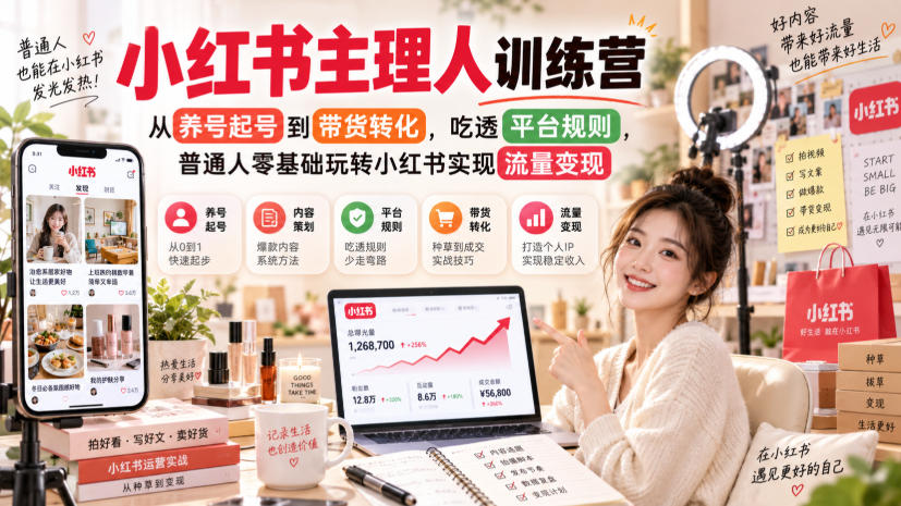 小红书主理人训练营，从养号起号到带货转化，吃透平台规则，普通人零基础玩转小红书实现流量变现-易创网