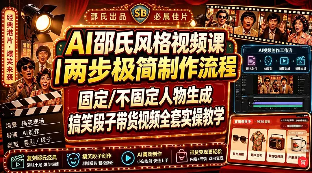 AI邵氏风格视频课｜两步极简制作流程，固定/不固定人物生成，搞笑段子带货视频全套实操教学-易创网