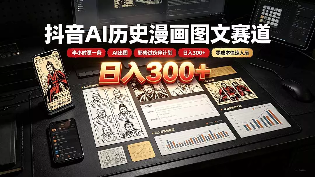 抖音AI历史漫画图文赛道：半小时更一条×AI出图×邪修过伙伴计划×日入300+，零成本快速入局