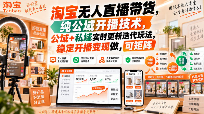 淘宝无人直播带货，纯公域开播技术，公域+私域实时更新迭代玩法，稳定开播变现做，可矩阵【揭秘】-易创网