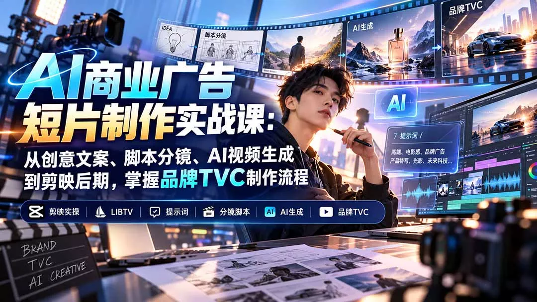 AI商业广告短片制作实战课:从创意文案、脚本分镜、AI视频生成到剪映后期,掌握品牌TVC制作流程 AI商业广告短片制作实战课:从创意文案、脚本分镜、AI视频生成到剪映后期,掌握品牌TVC制作流程