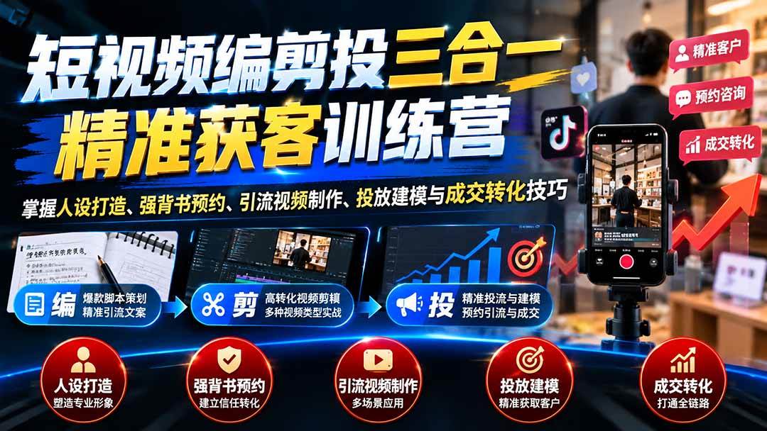 （20910期）短视频编剪投三合一精准获客训练营：掌握人设打造、强背书预约、引流视频制作、投放建模与成交转化技巧-易创网