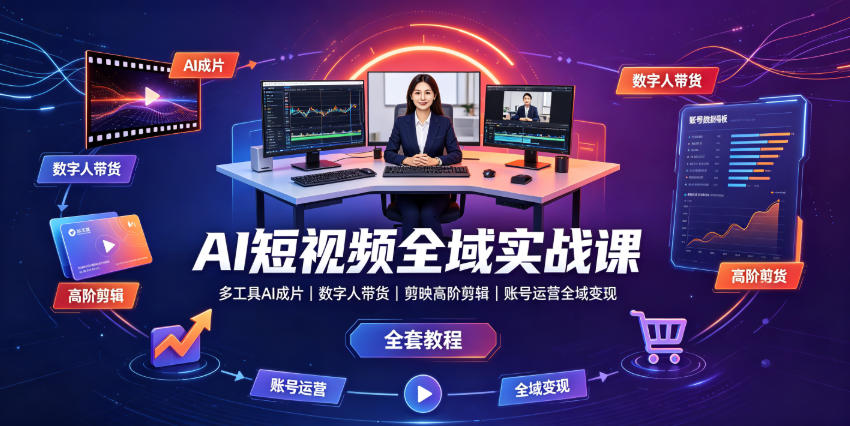 AI短视频全域实战课｜多工具AI成片、数字人带货、剪映高阶剪辑、账号运营全域变现全套教程-易创网