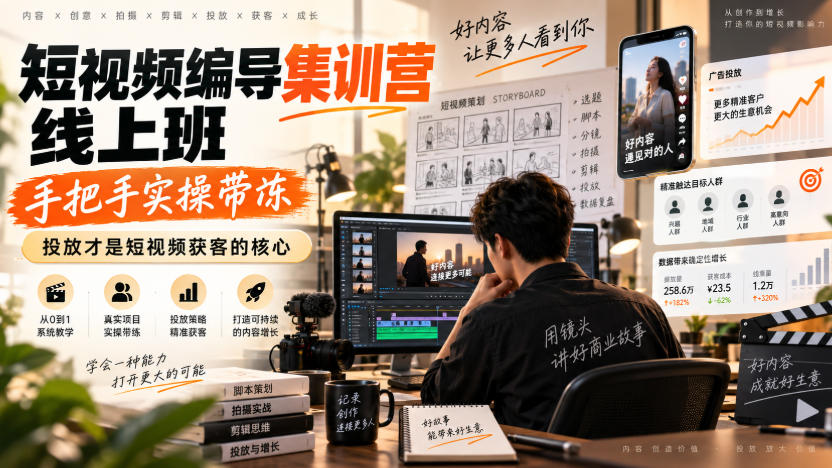 短视频编导集训营线上班，手把手实操带冻，投放才是短视频获客的核心-易创网
