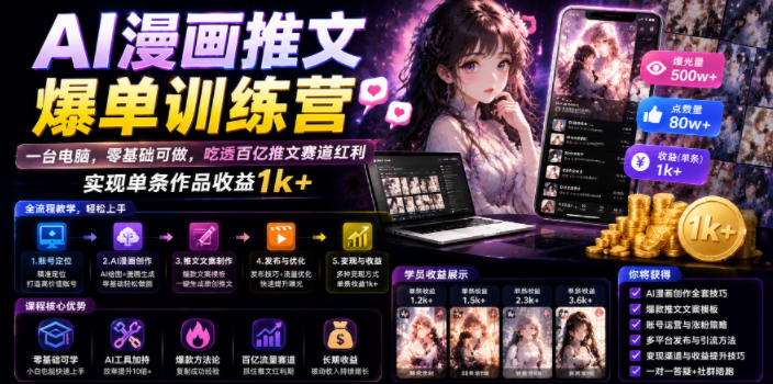 AI漫画推文爆单训练营，一台电脑，零基础可做，吃透百亿推文赛道红利，实现单条作品收益1k+-易创网