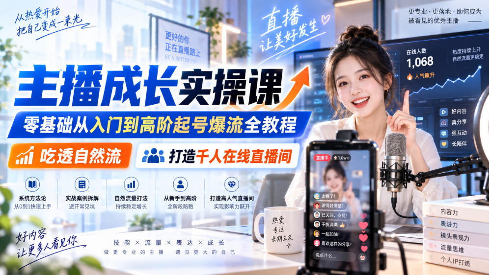 主播成长实操课｜零基础从入门到高阶起号爆流全教程，吃透自然流，打造千人在线直播间-易创网