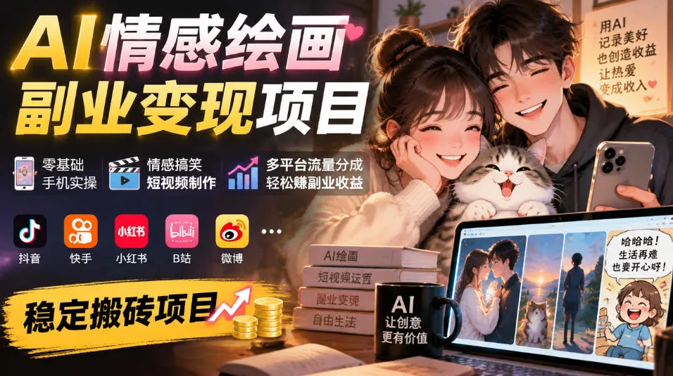 AI情感绘画副业变现项目｜零基础手机实操，情感搞笑短视频制作，多平台流量分成轻松賺副业收益-易创网