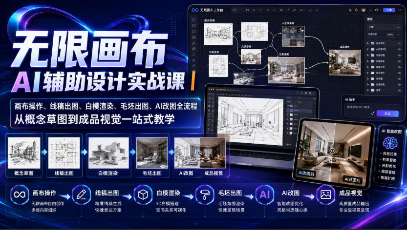 无限画布AI辅助设计实战课｜画布操作、线稿出图、白模渲染、毛坯出图、AI改图全流程，从概念草图到成品视觉一站式教学-易创网