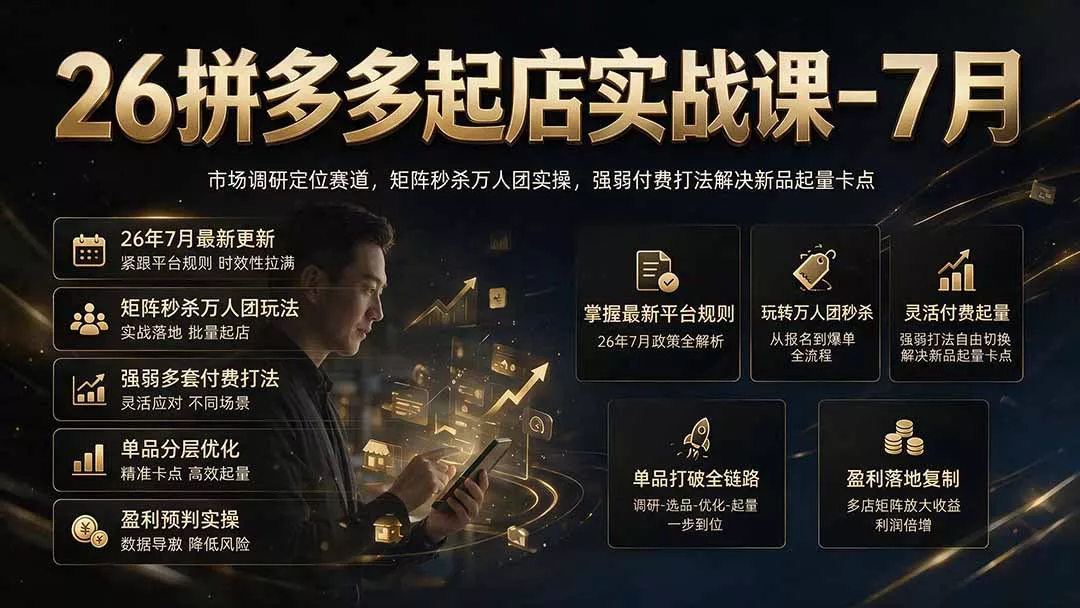 26拼多多起店实战课-7月｜市场调研定位赛道，矩阵秒杀万人团实操，强弱付费打法解决新品起量卡点-易创网