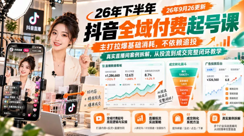 26年下半年抖音全域付费起号课，主打拉爆基础消耗，不依赖追投，真实直播间案例拆解，从投流到成交完整闭环教学(更新1019)-易创网