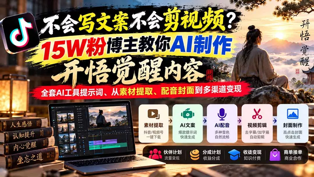 不会写文案不会剪视频？15W粉博主教你AI制作开悟觉醒内容，全套AI工具提示词、从素材提取、配音封面到多渠道变现-易创网