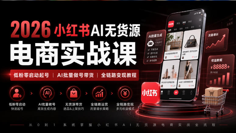2026小红书AI无货源电商实战课｜低粉零启动起号｜AI批量做号带货全链路变现教程-易创网