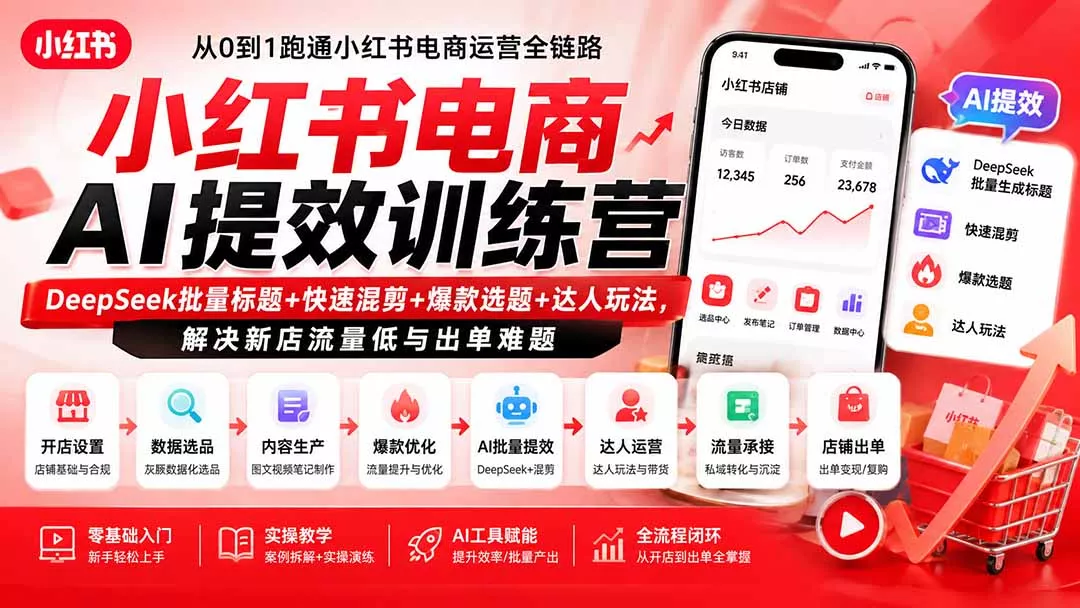 小红书电商AI提效训练营—DeepSeek批量标题+快速混剪+爆款选题+达人玩法，解决新店流量低与出单难题-易创网