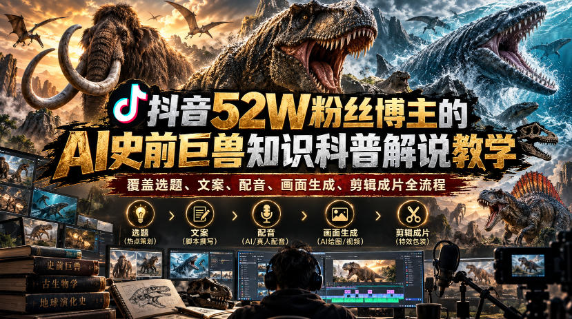 抖音52W粉丝博主的AI史前巨兽知识科普解说教学，覆盖选题、文案、配音、画面生成、剪辑成片全流程-易创网