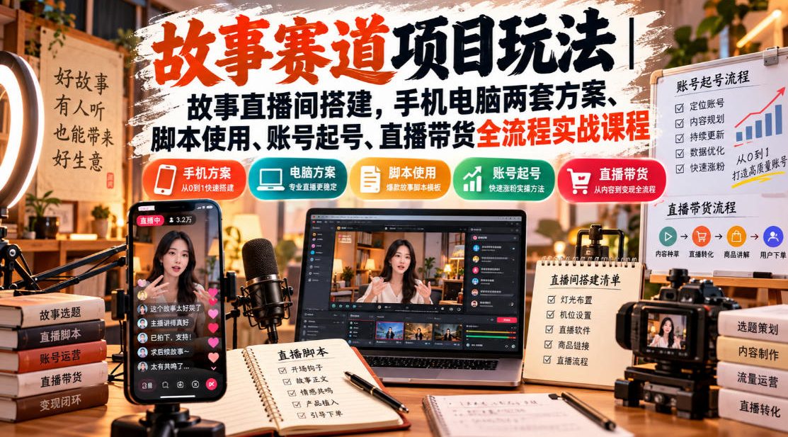 故事赛道项目玩法｜故事直播间搭建，手机电脑两套方案、脚本使用、账号起号、直播带货全流程实战课程-易创网