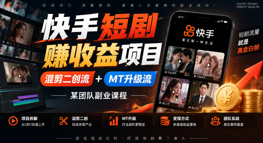 快手短剧賺收益项目，混剪二创流+MT升级流，某团队副业课程-易创网