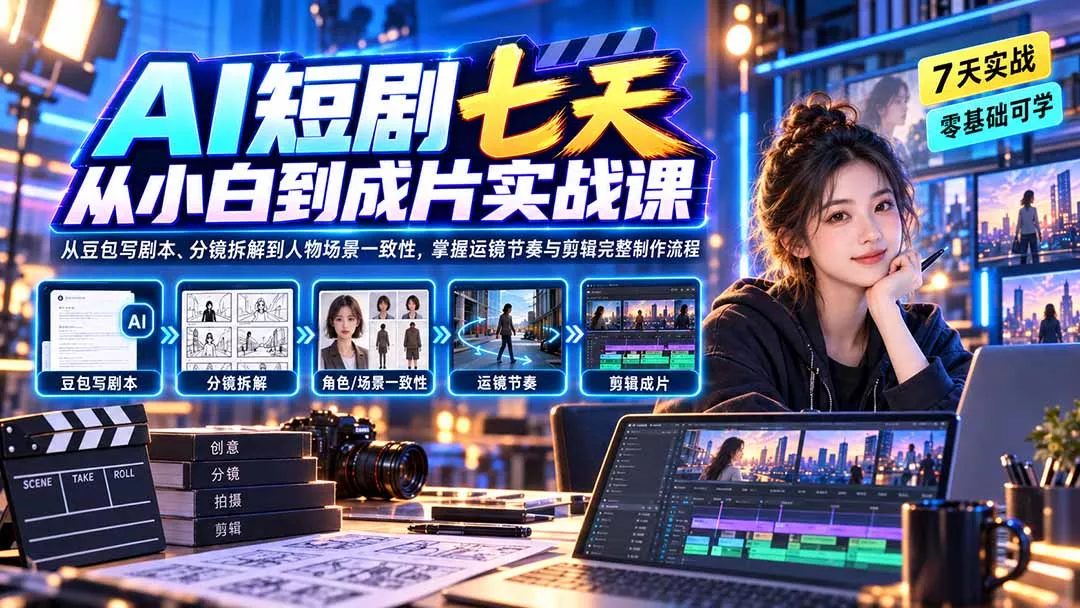 AI短剧七天从小白到成片实战课：从豆包写剧本、分镜拆解到人物场景一致性，掌握运镜节奏与剪辑完整制作流程-易创网