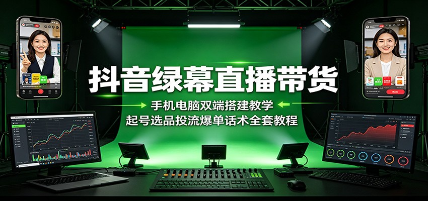 抖音绿幕直播带货：手机电脑双端搭建教学，起号选品投流爆单话术全套教程-易创网