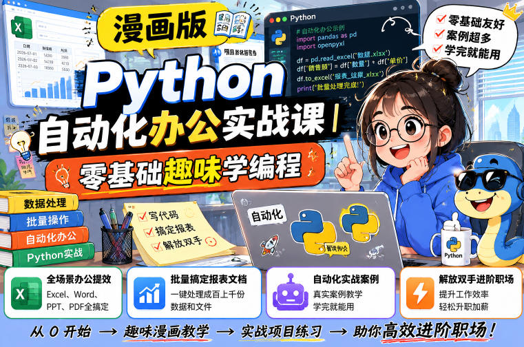 漫画版Python自动化办公实战课｜零基础趣味学编程，全场景办公提效、批量搞定报表文档、解放双手进阶职场-易创网