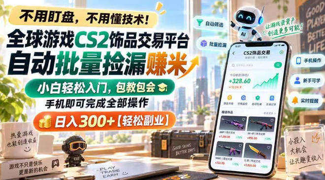 全球游戏CS2饰品交易平台自动批量捡漏賺米，小白轻松入门，包教包会，手机即可完成全部操作，日入300+【揭秘】-易创网