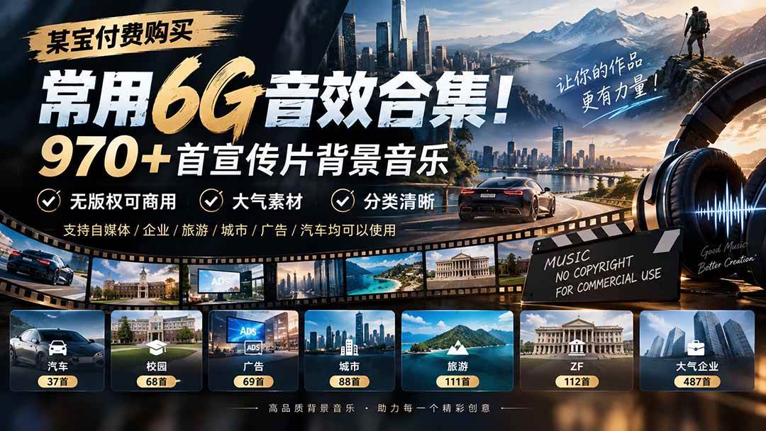 （20603期）某宝付费购买，常用6G音效合集！970+首宣传片背景音乐，无版权可商用大气素材，分类清晰-易创网