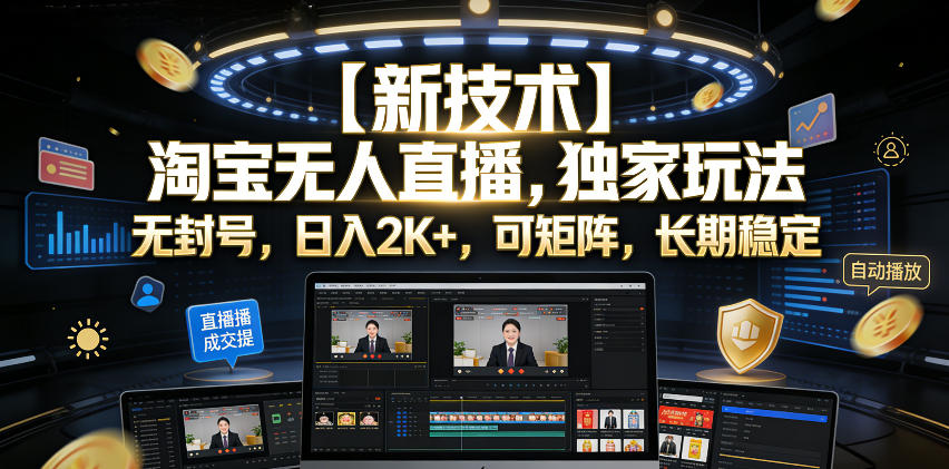 【新技术】淘宝无人直播，独家玩法，无封号，日入2K+，可矩阵，长期稳定【揭秘】-易创网