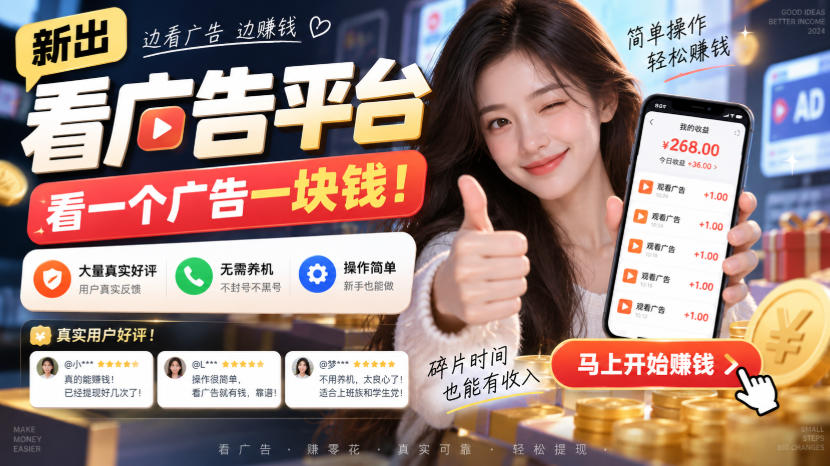 新出看广告平台，看一个广告一块钱，大量真实好评！无需养机、不会黑号，操作简单【揭秘】-易创网