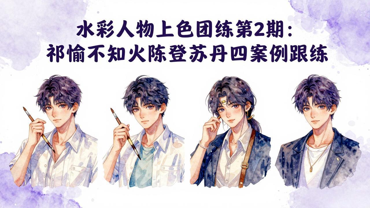 水彩人物上色团练第2期：祁煜不知火陈登苏丹四案例跟练，手把手提升绘画能力-易创网