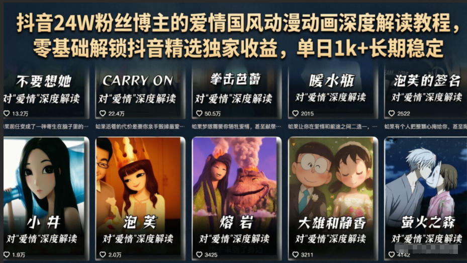 抖音24W粉丝博主的爱情国风动漫动画深度解读教程，零基础解锁抖音精选独家收益，单日1k+长期稳定-易创网