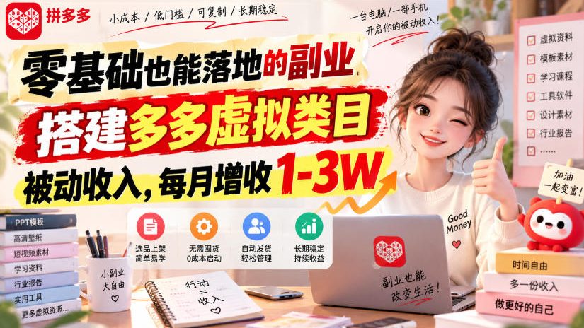 零基础也能落地的副业，搭建多多虚拟类目被动收入，每月增收1-3W【揭秘】-易创网
