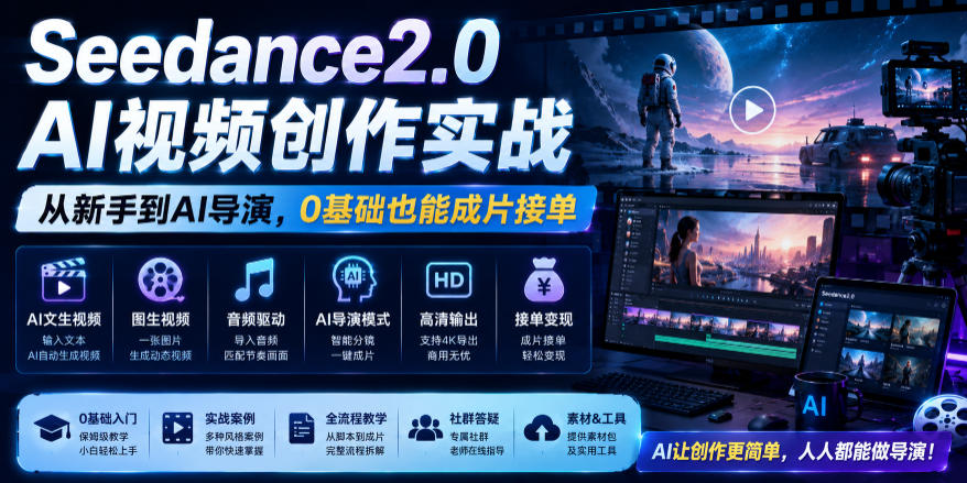 Seedance2.0 AI视频创作实战，从新手到AI导演，0基础也能成片接单变现-易创网