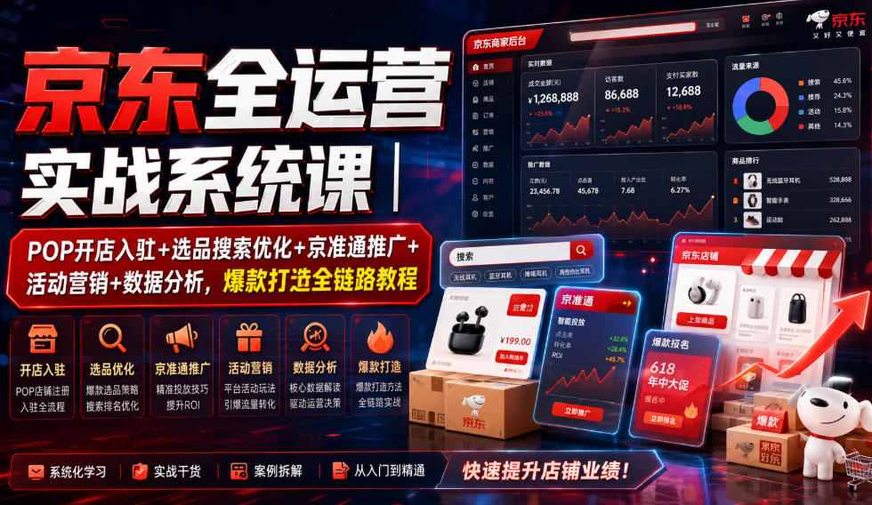 京东全运营实战系统课｜POP开店入驻+选品搜索优化+京准通推广+活动营销+数据分析，爆款打造全链路教程-易创网