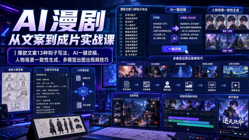 AI漫剧从文案到成片实战课｜爆款文案13种钩子写法、AI一键改稿、人物场景一致性生成、多模型出图出视频技巧-易创网