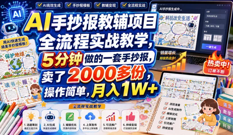 AI手抄报教辅项目全流程实战教学，5分钟做的一套手抄报，卖了2000多份，操作简单，月入1W+-易创网